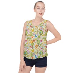 Nature Doodle Art Trees Birds Owl Children Pattern Multi Colored Bubble Hem Chiffon Tank Top by Salman4z