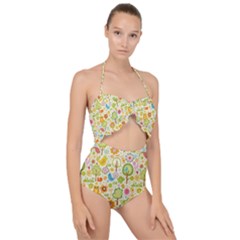 Nature Doodle Art Trees Birds Owl Children Pattern Multi Colored Scallop Top Cut Out Swimsuit by Salman4z