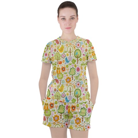 Nature Doodle Art Trees Birds Owl Children Pattern Multi Colored Women s Tee And Shorts Set by Salman4z