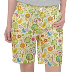 Nature Doodle Art Trees Birds Owl Children Pattern Multi Colored Women s Pocket Shorts by Salman4z