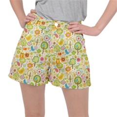 Nature Doodle Art Trees Birds Owl Children Pattern Multi Colored Women s Ripstop Shorts by Salman4z