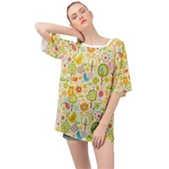 Nature Doodle Art Trees Birds Owl Children Pattern Multi Colored Oversized Chiffon Top by Salman4z