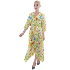 Nature Doodle Art Trees Birds Owl Children Pattern Multi Colored Quarter Sleeve Wrap Front Maxi Dress by Salman4z