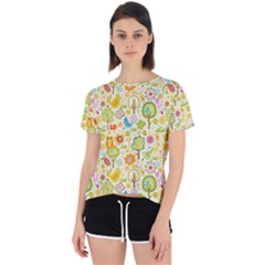 Nature Doodle Art Trees Birds Owl Children Pattern Multi Colored Open Back Sport Tee by Salman4z