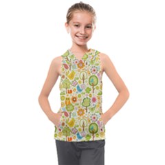 Nature Doodle Art Trees Birds Owl Children Pattern Multi Colored Kids  Sleeveless Hoodie by Salman4z