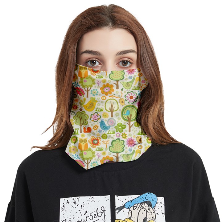 Nature Doodle Art Trees Birds Owl Children Pattern Multi Colored Face Covering Bandana (Two Sides)