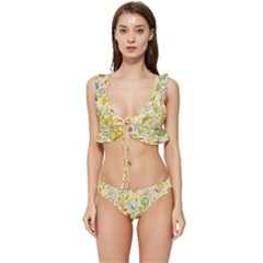 Nature Doodle Art Trees Birds Owl Children Pattern Multi Colored Low Cut Ruffle Edge Bikini Set by Salman4z