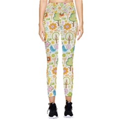 Nature Doodle Art Trees Birds Owl Children Pattern Multi Colored Pocket Leggings  by Salman4z