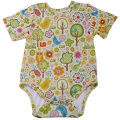 Nature Doodle Art Trees Birds Owl Children Pattern Multi Colored Baby Short Sleeve Bodysuit by Salman4z