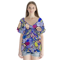 Blue Yellow Background Pattern Vector Texture Paisley V-neck Flutter Sleeve Top by Salman4z