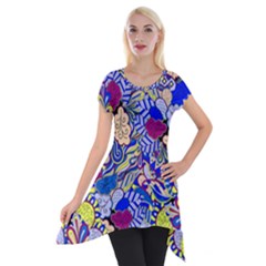 Blue Yellow Background Pattern Vector Texture Paisley Short Sleeve Side Drop Tunic by Salman4z