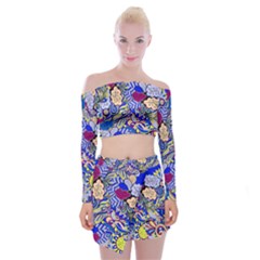 Blue Yellow Background Pattern Vector Texture Paisley Off Shoulder Top With Mini Skirt Set by Salman4z