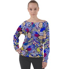 Blue Yellow Background Pattern Vector Texture Paisley Off Shoulder Long Sleeve Velour Top by Salman4z