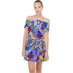 Blue Yellow Background Pattern Vector Texture Paisley Off Shoulder Chiffon Dress by Salman4z