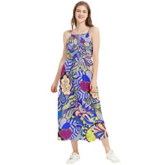 Blue Yellow Background Pattern Vector Texture Paisley Boho Sleeveless Summer Dress