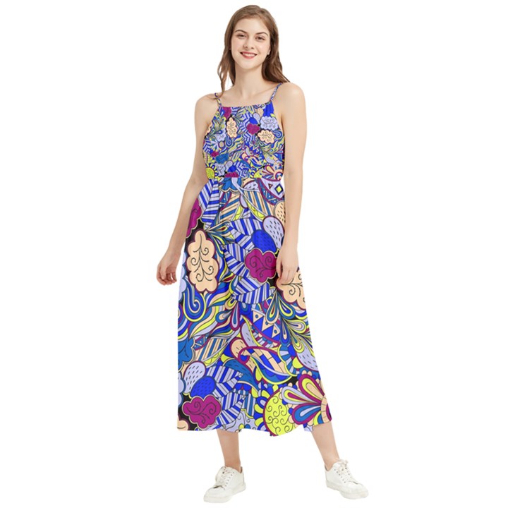 Blue Yellow Background Pattern Vector Texture Paisley Boho Sleeveless Summer Dress