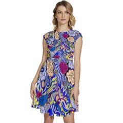 Blue Yellow Background Pattern Vector Texture Paisley Cap Sleeve High Waist Dress by Salman4z