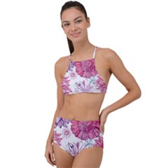 Red And Pink Flowers Vector Art Asters Patterns Backgrounds High Waist Tankini Set by Salman4z