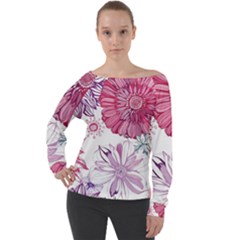 Red And Pink Flowers Vector Art Asters Patterns Backgrounds Off Shoulder Long Sleeve Velour Top by Salman4z