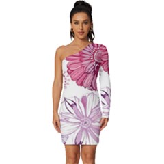 Red And Pink Flowers Vector Art Asters Patterns Backgrounds Long Sleeve One Shoulder Mini Dress by Salman4z