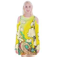 Doodle Wallpaper Artistic Surreal Velvet Long Sleeve Shoulder Cutout Dress by Salman4z