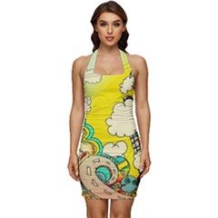 Doodle Wallpaper Artistic Surreal Sleeveless Wide Square Neckline Ruched Bodycon Dress by Salman4z