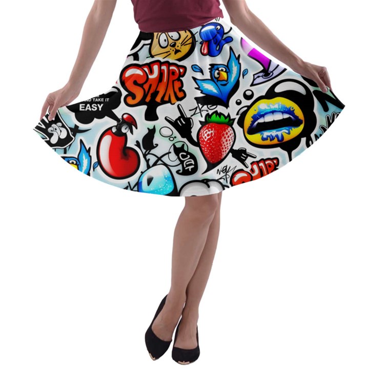 Graffiti Art Cartoon Comic A-line Skater Skirt