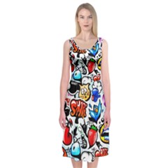 Graffiti Art Cartoon Comic Midi Sleeveless Dress by Salman4z