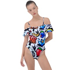 Graffiti Art Cartoon Comic Frill Detail One Piece Swimsuit by Salman4z