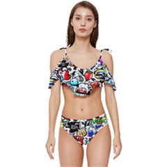 Graffiti Art Cartoon Comic Ruffle Edge Tie Up Bikini Set	