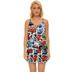 Graffiti Art Cartoon Comic V-neck Satin Pajamas Set by Salman4z