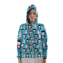 Blue Penguin Pattern Christmas Women s Hooded Windbreaker