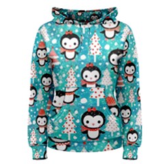 Blue Penguin Pattern Christmas Women s Pullover Hoodie