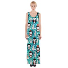 Blue Penguin Pattern Christmas Thigh Split Maxi Dress by Salman4z