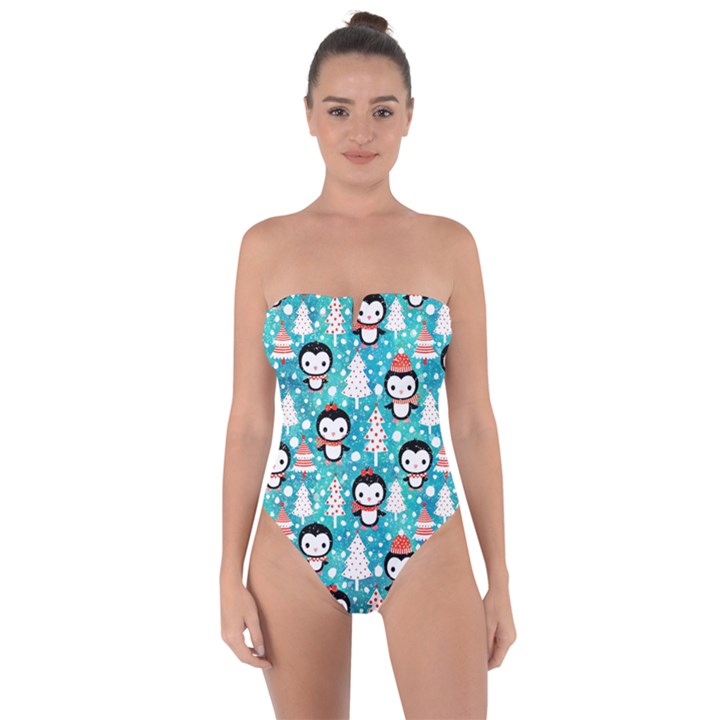 Blue Penguin Pattern christmas Tie Back One Piece Swimsuit