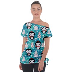 Blue Penguin Pattern Christmas Off Shoulder Tie-up Tee