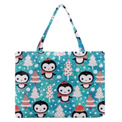 Blue Penguin Pattern Christmas Zipper Medium Tote Bag