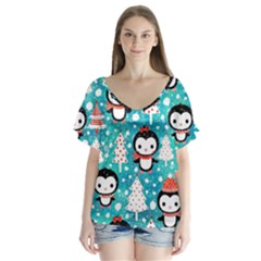 Blue Penguin Pattern Christmas V-neck Flutter Sleeve Top