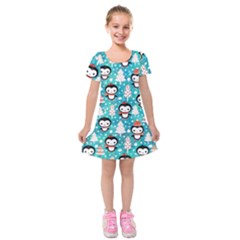 Blue Penguin Pattern Christmas Kids  Short Sleeve Velvet Dress