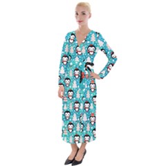 Blue Penguin Pattern Christmas Velvet Maxi Wrap Dress