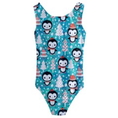 Blue Penguin Pattern Christmas Kids  Cut-out Back One Piece Swimsuit