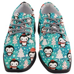 Blue Penguin Pattern Christmas Women Heeled Oxford Shoes