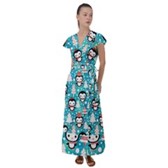 Blue Penguin Pattern Christmas Flutter Sleeve Maxi Dress