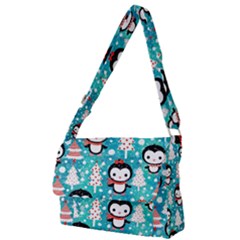 Blue Penguin Pattern Christmas Full Print Messenger Bag (l)