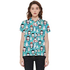 Blue Penguin Pattern Christmas Short Sleeve Pocket Shirt