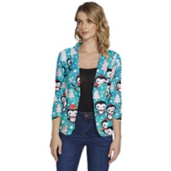 Blue Penguin Pattern Christmas Women s One-button 3/4 Sleeve Short Jacket