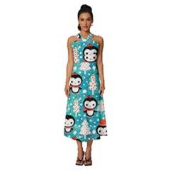 Blue Penguin Pattern Christmas Sleeveless Cross Front Cocktail Midi Chiffon Dress