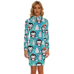 Blue Penguin Pattern Christmas Long Sleeve Shirt Collar Bodycon Dress