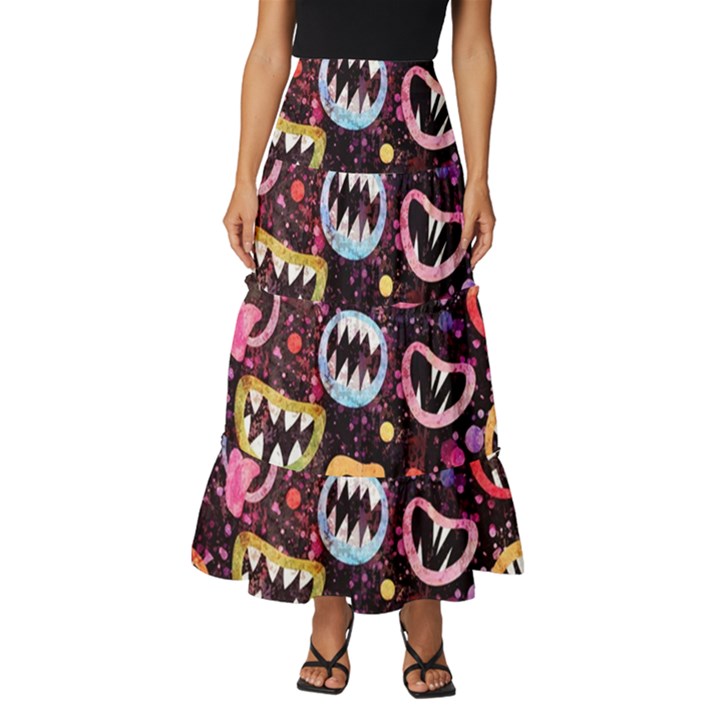 Funny Monster Mouths Tiered Ruffle Maxi Skirt