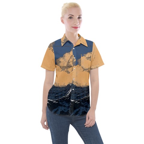 Waves Aesthetic Ocean Retro Sea Vintage Women s Short Sleeve Pocket Shirt by Salman4z